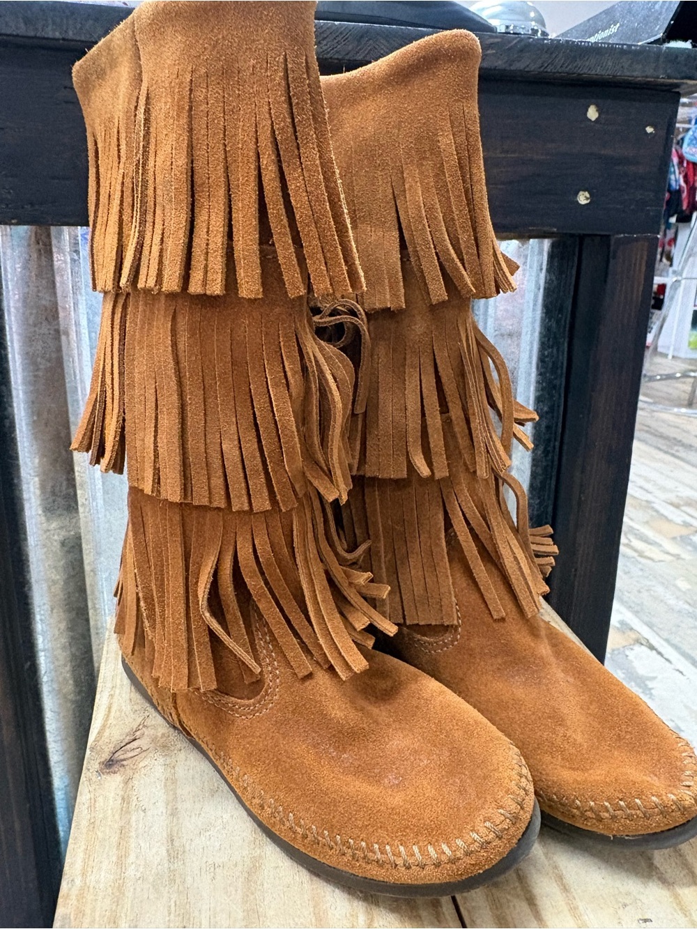 Minnetonka Triple Fringe Suede Moccasin Boots - Tan Sz 6